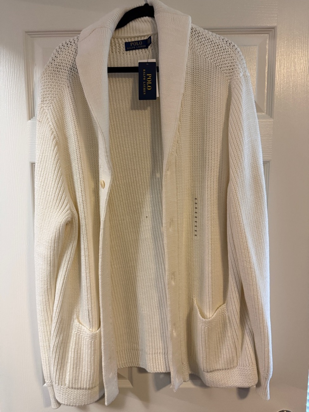Ralph Lauren White Knit Shawl-Collar Cardigan